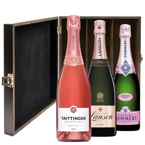The Rose Champagne Collection Treble Elm Wood Gift Boxed Champagne (3x75cl)